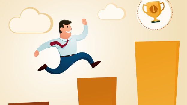 A man climbing a stair in order to reach the first prize